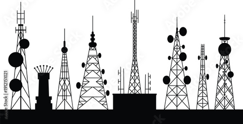 Telecommunication towers silhouettes, radio and cellular antenna masts, wireless network technology infrastructure, black vector illustration isolated on white background