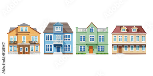 Colorful houses in a row, each with unique architectural styles and vibrant colors. Vector
