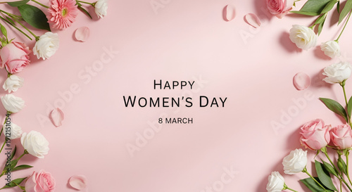 Elegant floral frame celebrating international womens day with soft pink background roses petals and minimal greeting layout for branding vector design