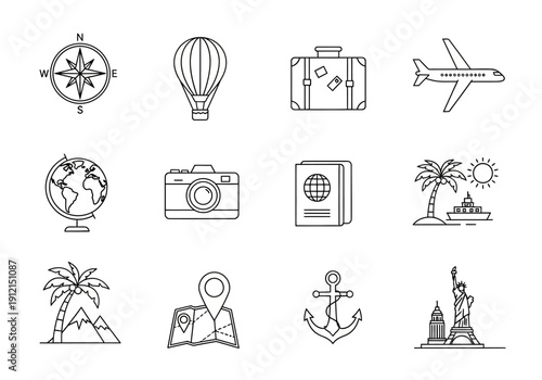 A 3x4 grid of black and white line art icons related to travel