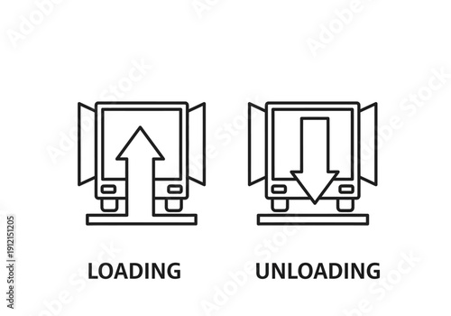 Black and white icons illustrating truck loading up arrow and unloading down arrow