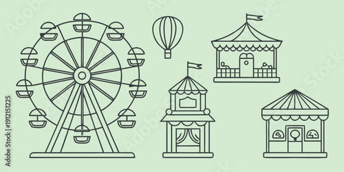 A vibrant illustration of an amusement park with a ferris wheel, hot air balloon, and houses. Vector