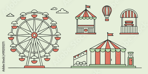 A vibrant illustration of a ferris wheel, hot air balloons, and a church building. Vector