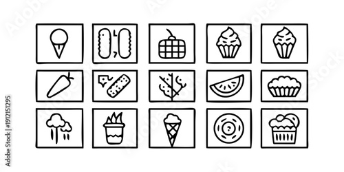 Assorted icons representing various food items and kitchen utensils Vector