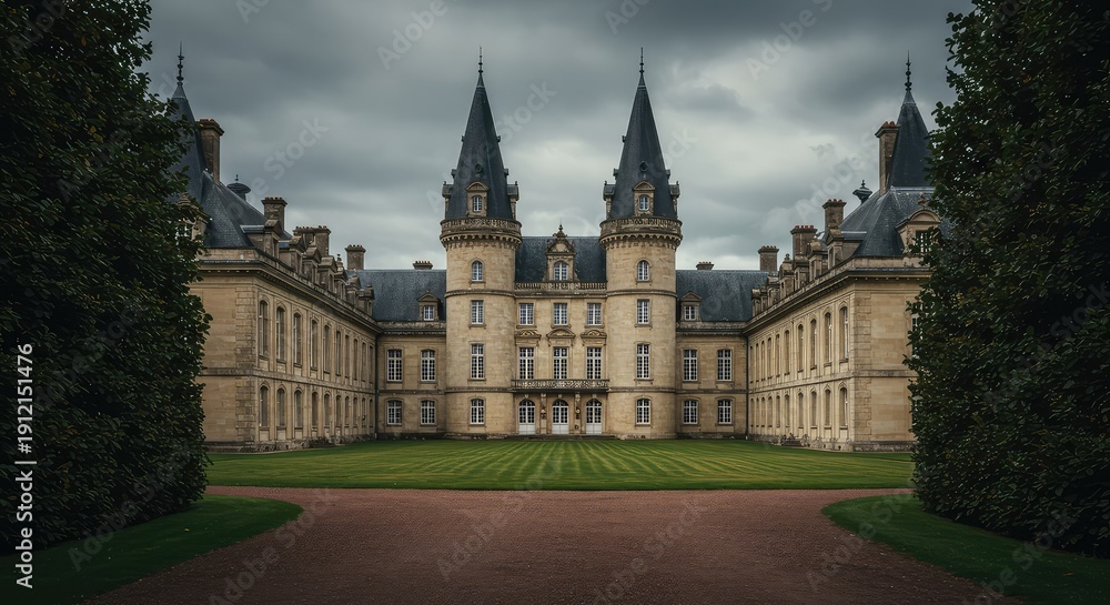 Fototapeta premium Exterior view of a majestic stone palace with towering architecture, elegant windows, and expansive grounds suitable for historical monarchy ,turret ,facade ,destination
