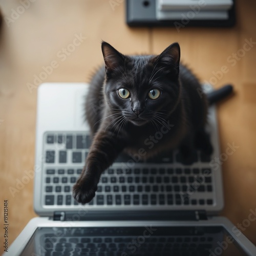 Overhead shot of a small black cat sitting beside an open laptop, one paw extended onto the trackpad