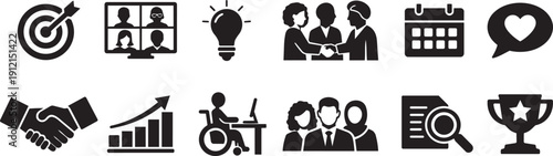 Modern Inclusive Business & Collaboration Icons Set in Black and White