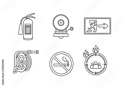 Six black and white icons related to fire safety and emergency procedures