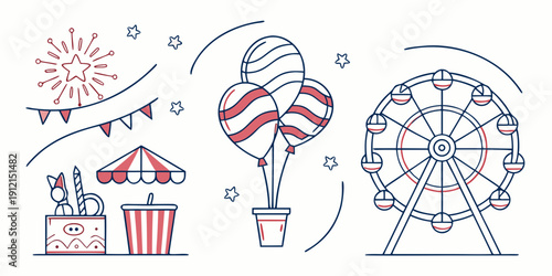 A delightful assortment of carnival rides and treats against a blue sky Vector