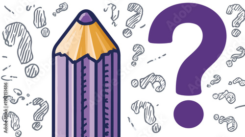 Creative thinking concept with purple pencil and question marks. Uncertainty, problem-solving, and brainstorming illustration.