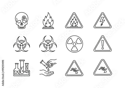 Twelve black and white icons depicting various hazard and laboratory symbols