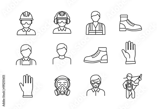 Twelve black and white line icons depicting safety gear and personnel