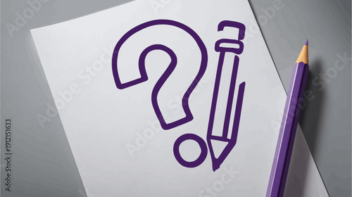Purple question mark and pencil icon on white paper, symbolizing inquiry, problem-solving, and creative thinking.