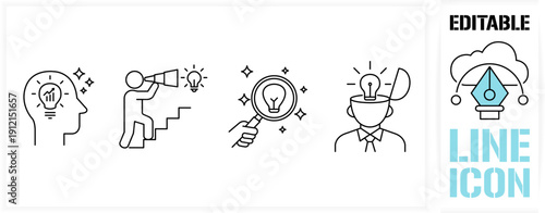 Editable line icon set in a black simple and clean vector outline stroke representing business innovation career vision market research and creative thinking concepts, and work goals for a corporate