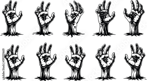 Zombie hand cartoon set — black and white undead illustrations emerging from the ground for horror design packs, Halloween bundles, and spooky tattoo-style graphics