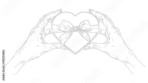 Elegant line art of two hands holding and offering a heart-shaped gift box with a delicate bow, symbolizing love, care, and giving.