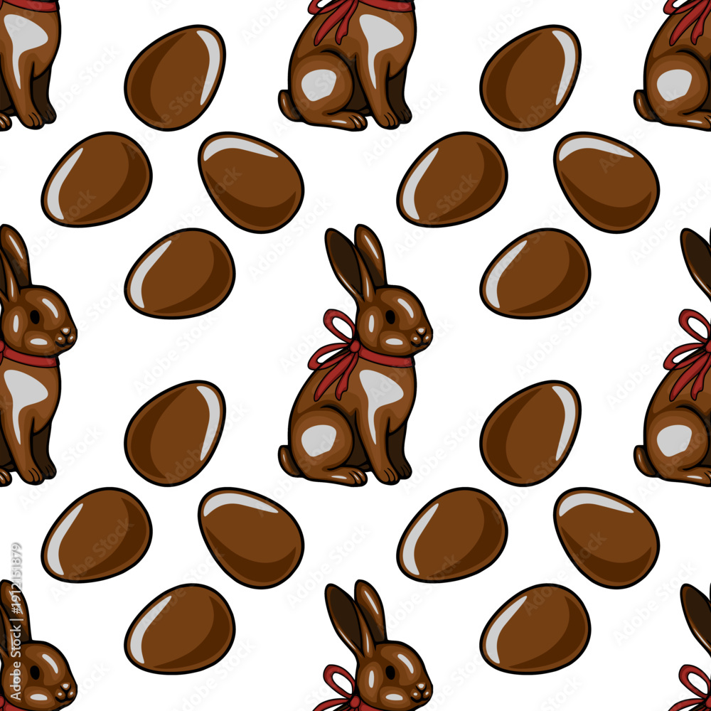Obraz premium Seamless vector pattern of shiny chocolate Easter bunnies and eggs with red ribbons