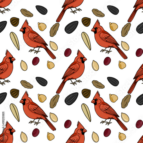 Seamless vector pattern of red cardinals and various bird seeds, perfect for nature-themed designs