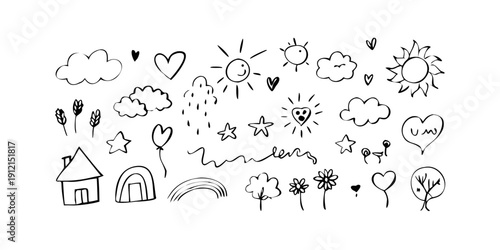 A whimsical illustration of various weather and nature symbols in a playful style Vector