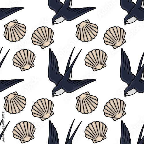 Seamless vector pattern of flying swallow birds and seashells
