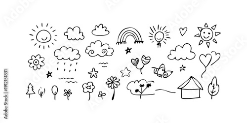 A variety of different weather icons and symbols in a black and white sketch style Vector