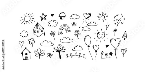 A whimsical illustration of various objects and symbols in a playful and artistic style Vector