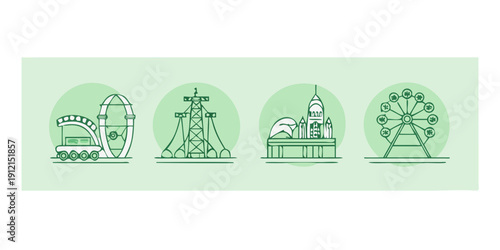 Colorful illustrations of amusement park rides and attractions Vector