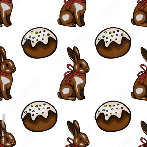 Seamless vector pattern of chocolate Easter bunnies and decorated cakes with sprinkles