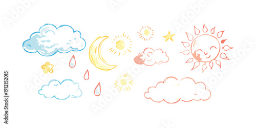 Obraz na plátně A whimsical illustration of various colorful clouds and celestial bodies Vector