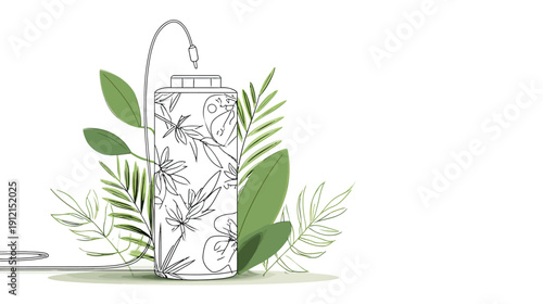 Sustainable cannabis energy battery illustration with green leaves. Eco-friendly power source charging, natural botanical elements.