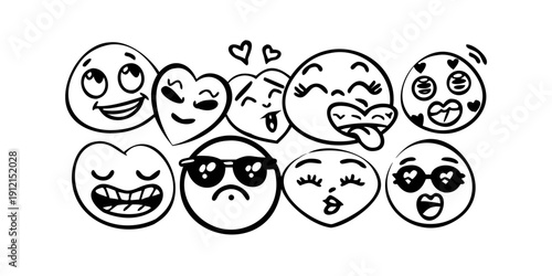 A diverse collection of emoticons expressing various emotions and expressions. Vector