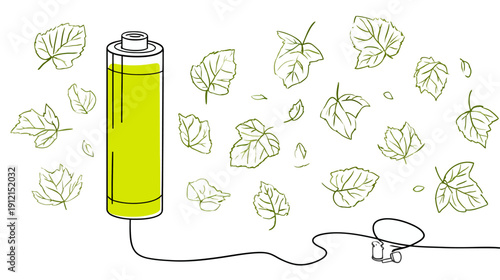 Eco-friendly green energy battery charging with natural leaves. Sustainable power concept illustration for environmental technology.