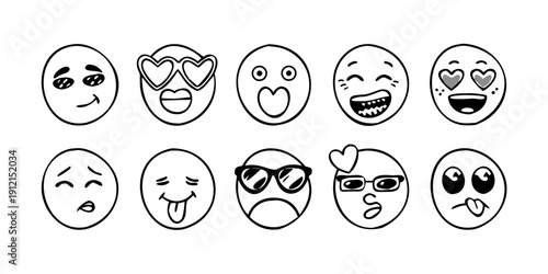 A diverse collection of expressive emoji faces showcasing various emotions and moods Vector