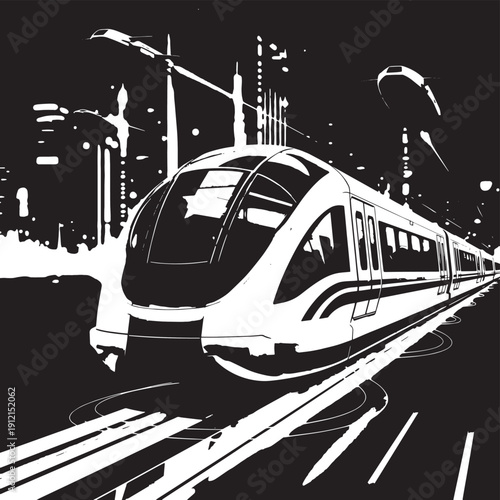 Sleek high-speed train gliding through a neon-lit urban landscape at night.