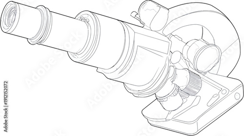 Detailed vector line art illustration of a scientific laboratory microscope, ideal for biology, chemistry, and research concepts.