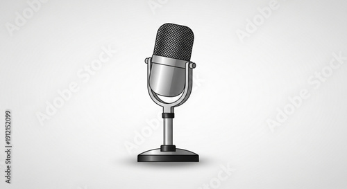 Professional studio microphone on stand with mesh grille and metal body on white background for podcasting and recording
