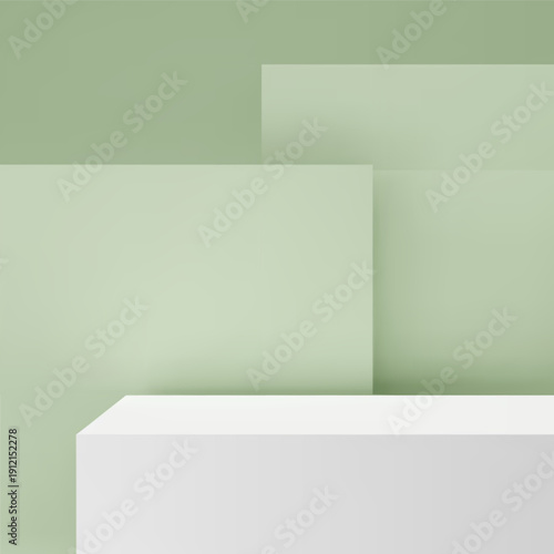 Abstract green room, background for product presentation with 3d render white podium. Empty stand, pedestal for cosmetic product showcase. Vector illustration for business, sale, advertising
