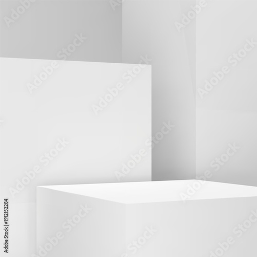 Abstract white room, background for product presentation with 3d render podium. Empty realistic stand, pedestal for cosmetic product showcase. Vector illustration for business, sale, advertising