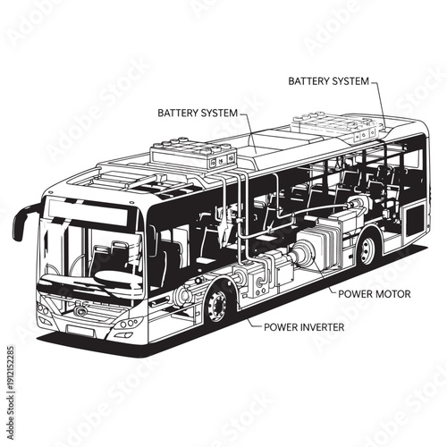 Cutaway illustration of an electric bus highlighting the battery system and power components for propulsion and energy storage.