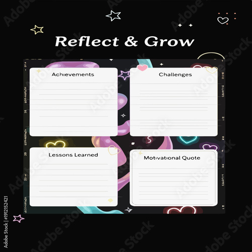 Reflect & Grow: A visually appealing digital planner designed to facilitate personal growth and reflection, featuring dedicated sections for achievements, challenges, lessons learned.