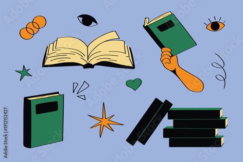 Set of illustrations featuring retro objects on the theme of reading and education, featuring books, open pages, and symbols of knowledge, perfect for editorials, posters, and educational projects.