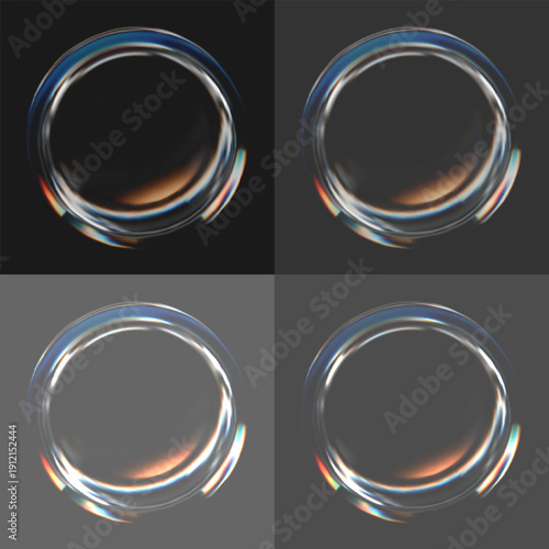 Set modern 3d liquid glass disc isolated on a gray background. 3d render of transparent button or mirror with holographic gradient and light dispersion, refraction and iridescent effects