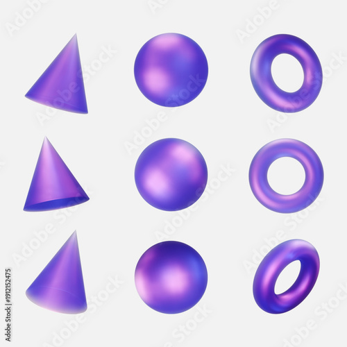 Set 3d iridescent hologram figure. Render geometry figure in purple, pink, blue colors. Vector illustration isolated on white for design projects, product display, presentation, adv