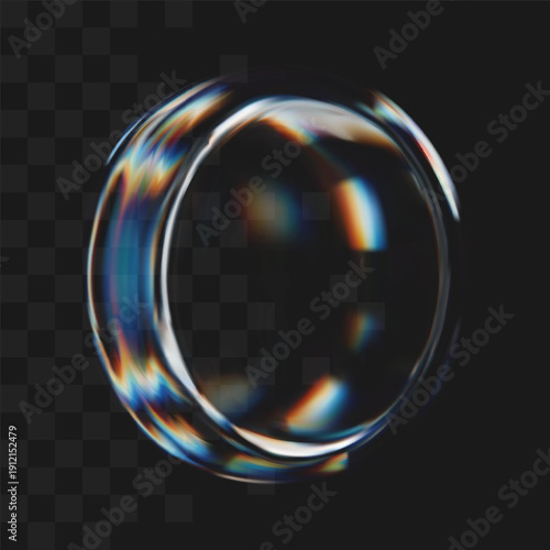 Modern 3d liquid glass disc isolated on a black background. 3d render of transparent button, podium or mirror with holographic gradient and light dispersion, refraction and iridescent effects