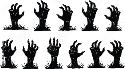 Zombie hands emerging from graves — black and white horror silhouettes for Halloween posters, undead themes, and spooky illustration sets