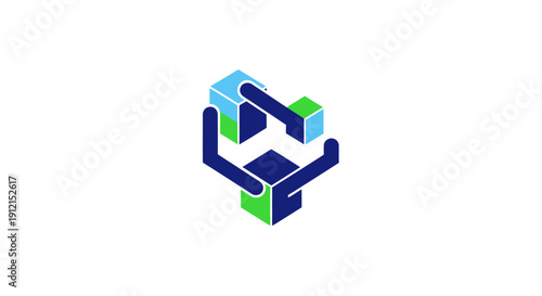 Abstract 3D logo with interconnected blue and green shapes.