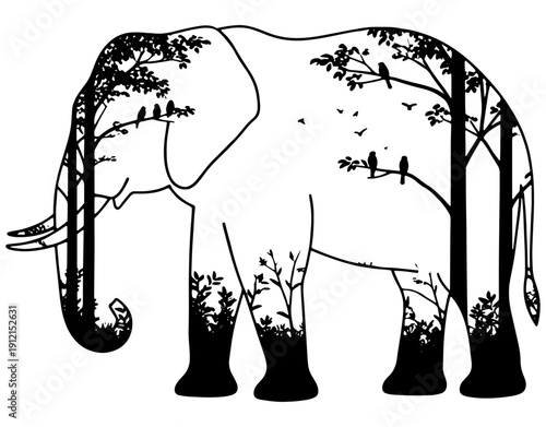 Elephant Silhouette with a Forest and Birds Inside, Nature Conservation and Wildlife Ecology Concept, Minimalist Animal and Jungle Line Art Illustration for Environmental Design