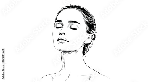 Monochrome hand-drawn ink illustration of a serene young woman with closed eyes, symbolizing tranquility, peace, and mindfulness.