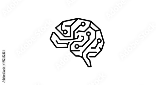Simple line art illustration of a human brain with circuit board design.