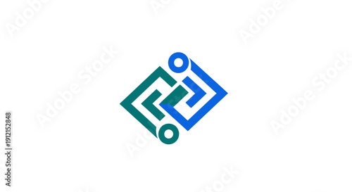 Abstract geometric logo design with blue and green elements.